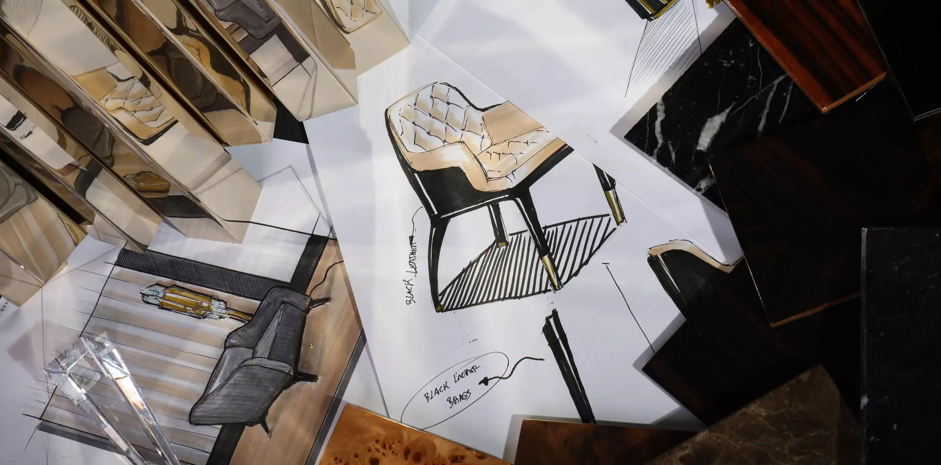 Chair design sketches with wood and fabric swatches.