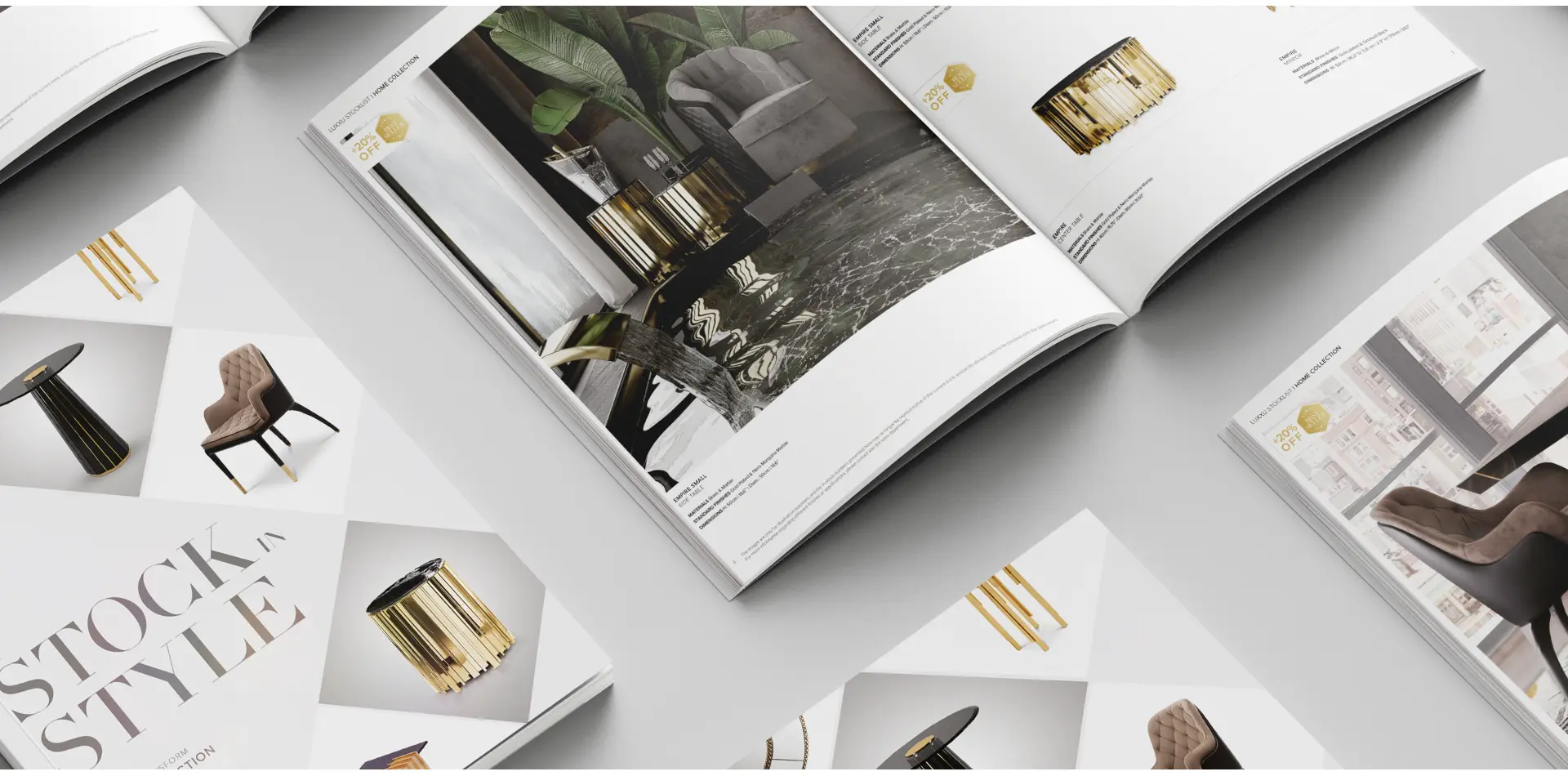 Modern furniture catalogue spread on grey background.