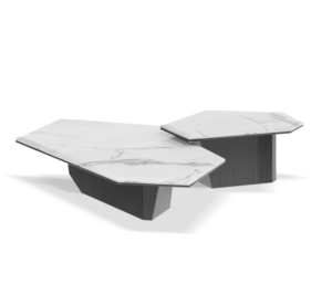 Hexagonal marble coffee tables with black bases.