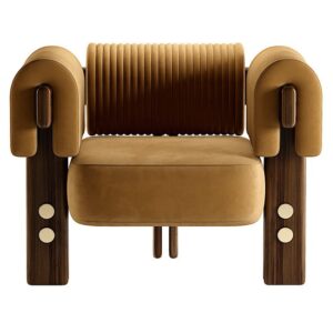 Modern brown velvet armchair with unique design.
