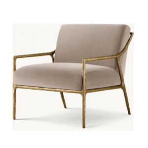 Elegant armchair with gold frame, beige upholstery.