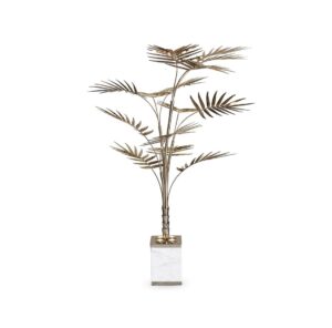 Decorative metal palm tree sculpture on marble base.