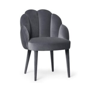 Grey velvet chair with unique shell back design.