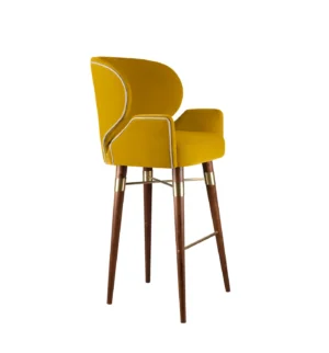 Yellow bar stool with wooden legs.