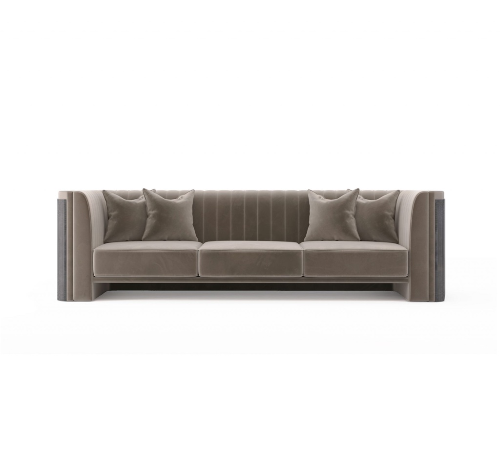 Modern grey sofa with three cushions.