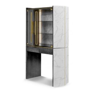 Modern marble display cabinet with glass doors.