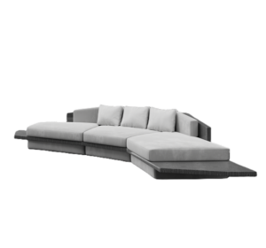 Modern grey sectional sofa with cushions.