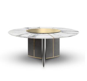 Modern marble dining table with gold accents.