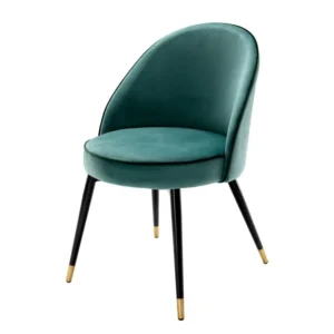 Elegant teal chair with gold-tipped legs.