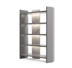 Modern grey bookshelf with marble accents.