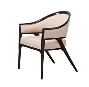 Modern wooden chair with beige upholstery.