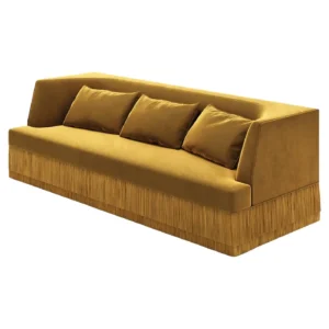 Golden velvet sofa with fringe trim.