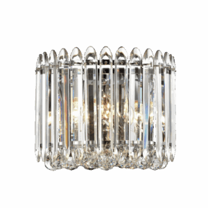 Elegant crystal wall sconce with glowing light bulbs.