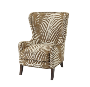Zebra-patterned wingback chair with dark wooden legs.