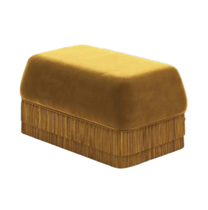 Golden velvet ottoman with fringe detailing.