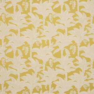 Yellow background with white tropical palm pattern.