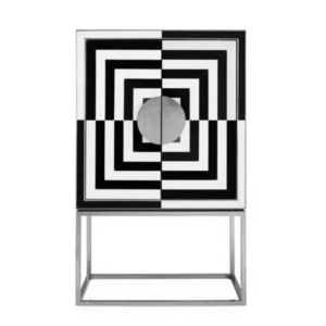 Optical Black White Glass Nickel Bar Cabinet