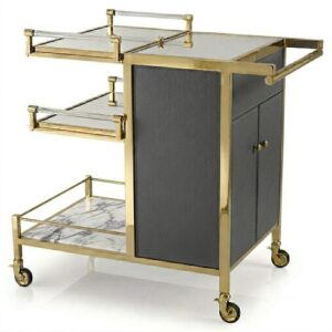 Regency Dark Grey Leather Marble Brass Bar Cart