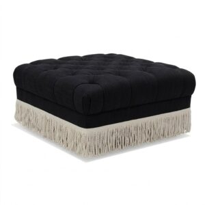 Fairlight Black Linen Tufted Fringe Ottoman