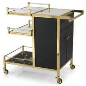 Regency Black Leather Marble Brass Bar Cart