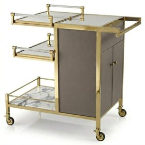 Regency Grey Leather Marble Brass Bar Cart