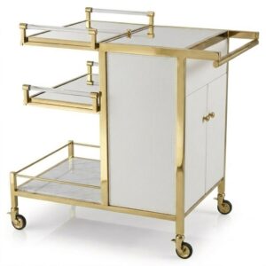 Regency White Leather Marble Brass Bar Cart