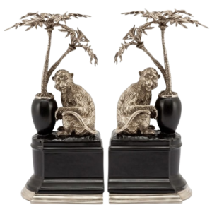 Regency Black Porcelain Nickel Monkey Bookend Set