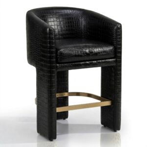 Halston Black Crocodile Leather Brass Counter Stool