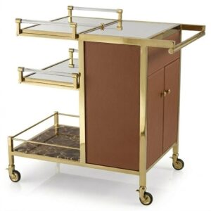 Regency Brown Leather Marble Brass Bar Cart