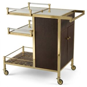 Regency Dark Brown Leather Marble Brass Bar Cart