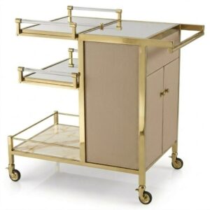 Regency Beige Leather Marble Brass Bar Cart