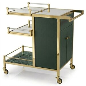 Regency Green Leather Marble Brass Bar Cart