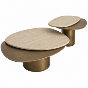 Fluid Beige Travertine Brass Coffee Table Set