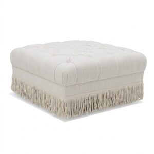 Fairlight White Linen Tufted Fringe Ottoman