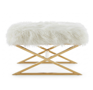 Savoy White Mongolian Fur Gold Ottoman